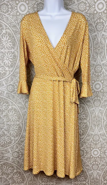 New! Leota Womens Yellow Bird Print Flock Perfect Wrap Ruffle Dress Size Medium