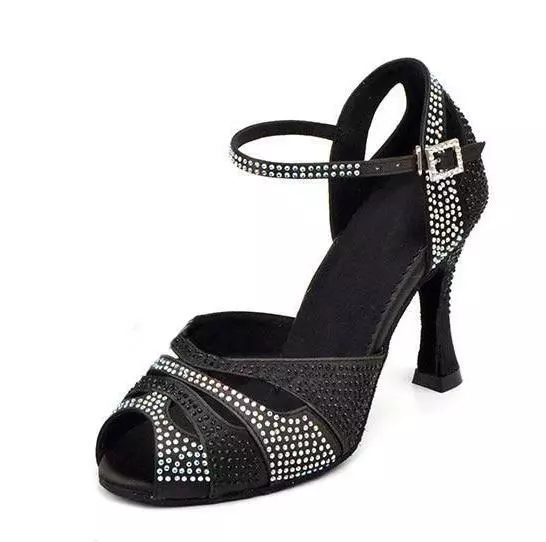 Scarpe da ballo nere gioiello sandali latino donna strass spuntati aperti salsa