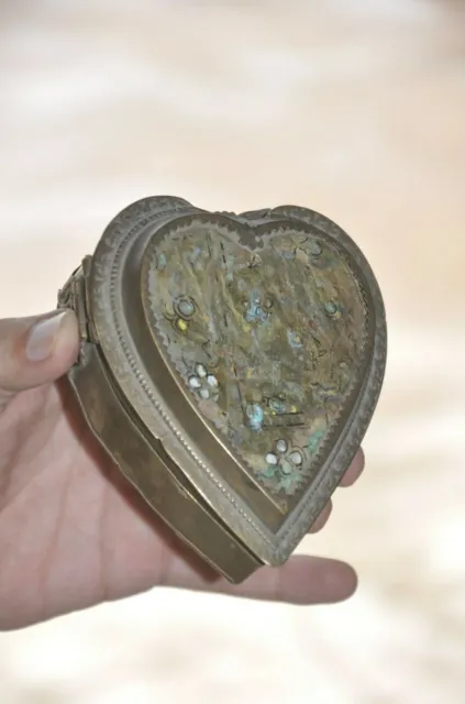 Vintage Brass Heart Shape Mirror Fitted 4 Compartment Betel Nut Box