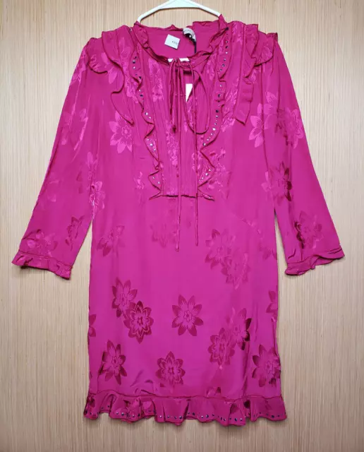 Coach Dress Womens 0 Pink Fuschia Floral Ruffle Studded Pleated V Neck Bow Tie