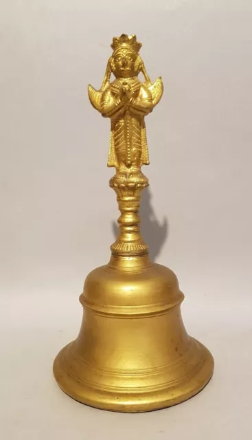 Cloche De Temple En Bronze Dore Representant Garuda Et Hanuman Inde / India Xxth 3