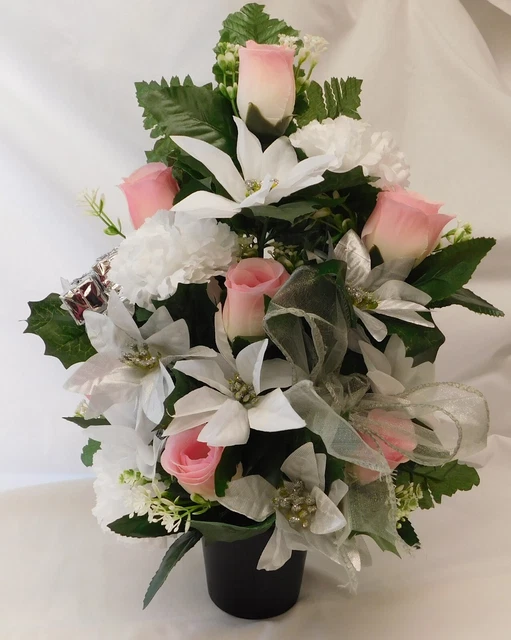 Christmas Silk Grave Flowers 2 x Pink Tall Grave/Crem Pot Memorial Arrangements