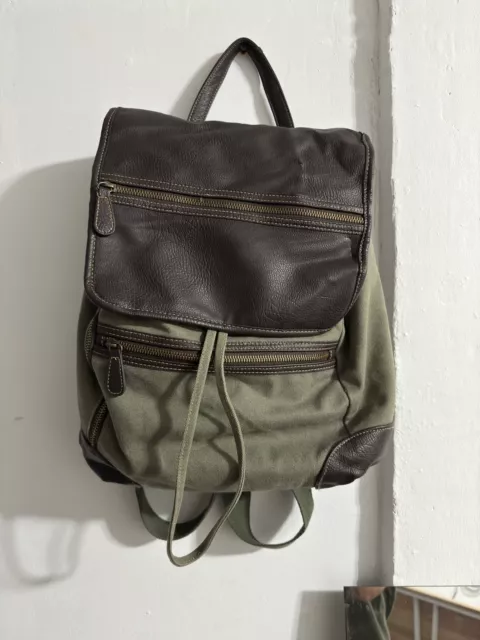 Barnes and Noble Canvas Leather back pack Bag Green/brown