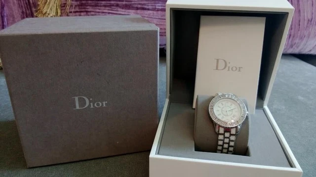 New Authentic Christian Dior Christal Diamond Dial Ceramic Strap Watch White