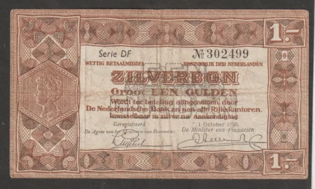 PAYS-BAS -   Billet de  1 GULDEN 1938 * ZILVERBON *