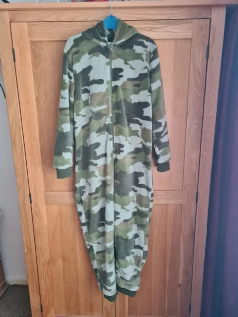 Boys Camo Fluffy All In One / Bodysuit / Pjs / Pyjamas From M&S. Age 10-11 Years