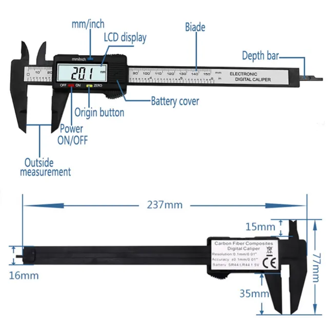 Regla de medición electrónica Vernier calibre LCD calibre pinza digital de 6" 150 mm 3