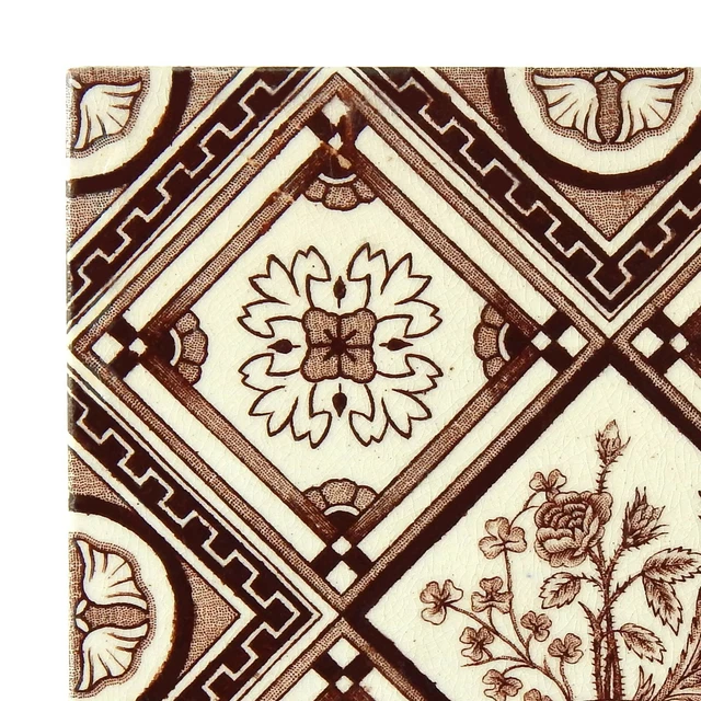 Antique Tile Victorian Aesthetic Floral Jackson Clay Hearth Transfer Brown White 3