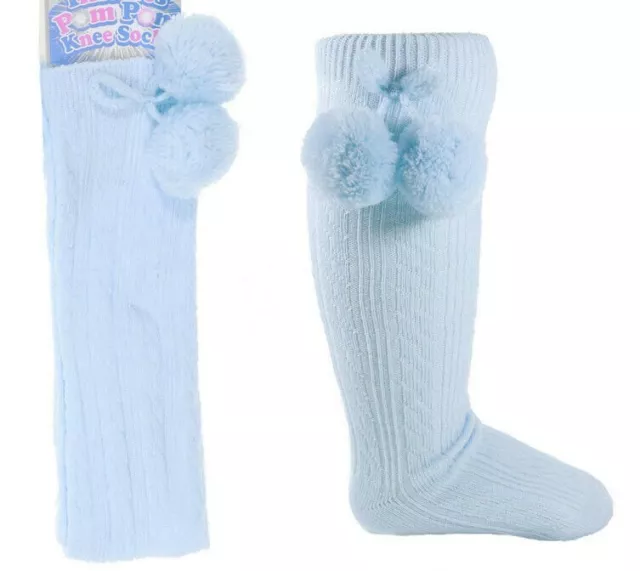 Baby Boy Knee High Pom Pom Socks Knitted Cable Sky Blue 18 24m