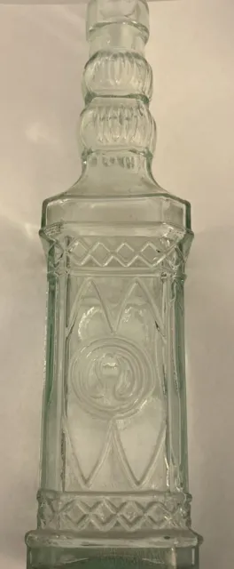 Tall Light Sage Green Tinted Embossed Designs Pressed Glass Bottle, Spain