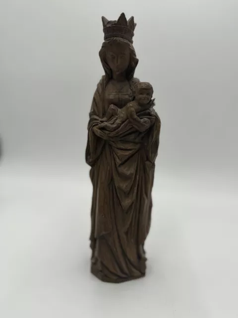 Antique Wooden Hand Carved Mary & Baby Jesus Solid Statue 11” Folk Art French