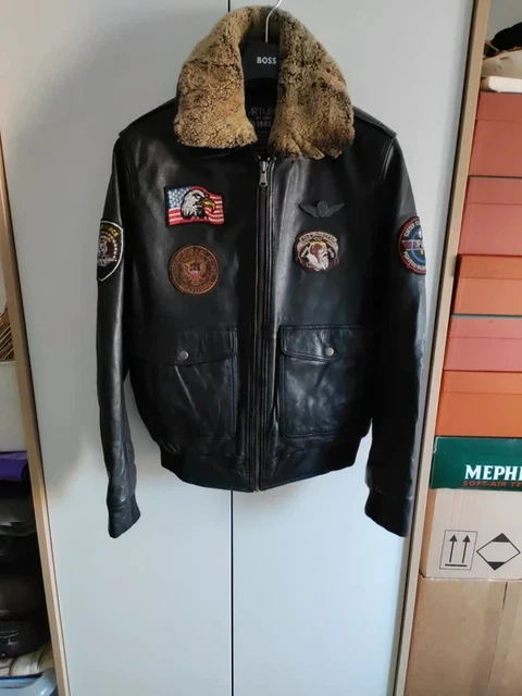 Blouson cuir homme style bomber emblèmes vintage noir