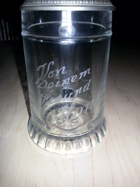 schöner Glasbierkrug Glas Bier Krug mit Zinndeckel Gravur von deinem Freund Hans