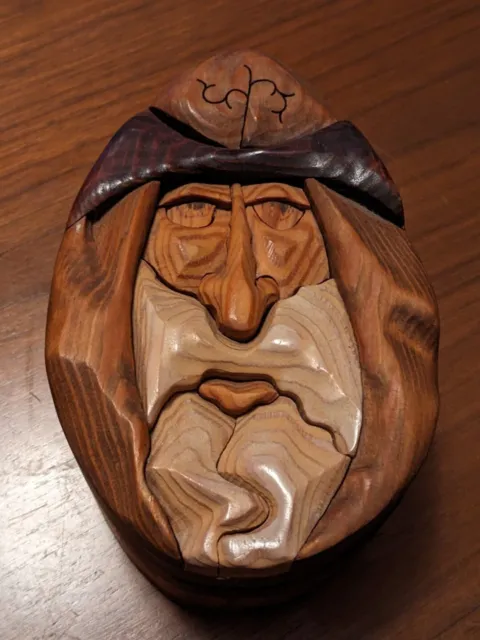 Hand Carved Wood Box Gandalf Wizard Lotr Folk Art Relief Sculpture Old Sage Man