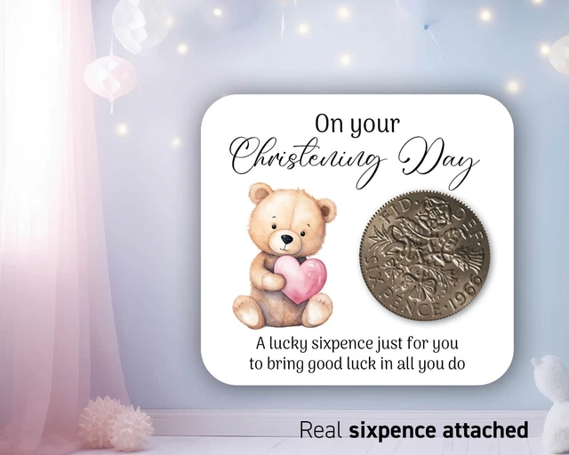 Christening Gift Set - Sixpence, Angel & Cross Pin, Presented In Box With Card (Pink, For Girls)