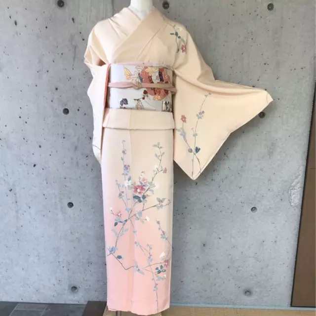 Japanese Semi-formal Kimono Houmongi Pure Silk 166.5cm Floral Light Pink