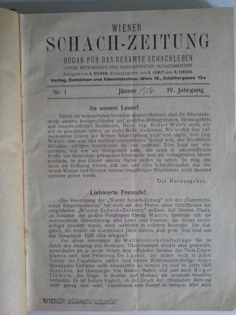 Wiener Schach-Zeitung 1926  IV. Jahr Verl. der Wiener Schach-Zeitung (Hrsg.):