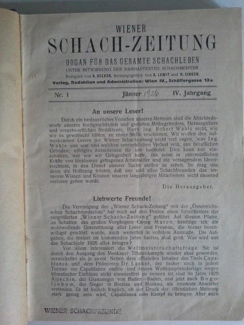 Wiener Schach-Zeitung 1926  IV. Jahr Verl. der Wiener Schach-Zeitung (Hrsg.):