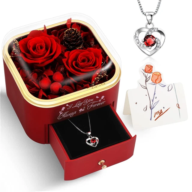 Preserved Red Real Roses with Necklace Gifts for Her - I Love You Gifts for W...