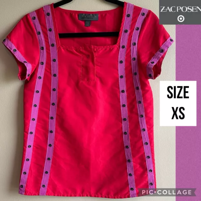 Zac Posen for Target Womens Top Snap Tape Shirt Red Short Sleeve Square Neck XS