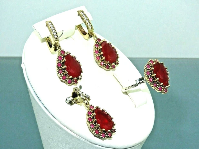 Turkish Handmade Jewelry 925 Sterling Silver Ruby Stone Women Earring Set
