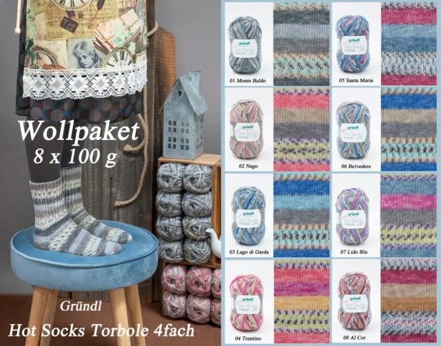 Wollpaket Sockenwolle "Gründl Hot Socks Torbole" 8x100g, je 1 Farbe im Set 4fach