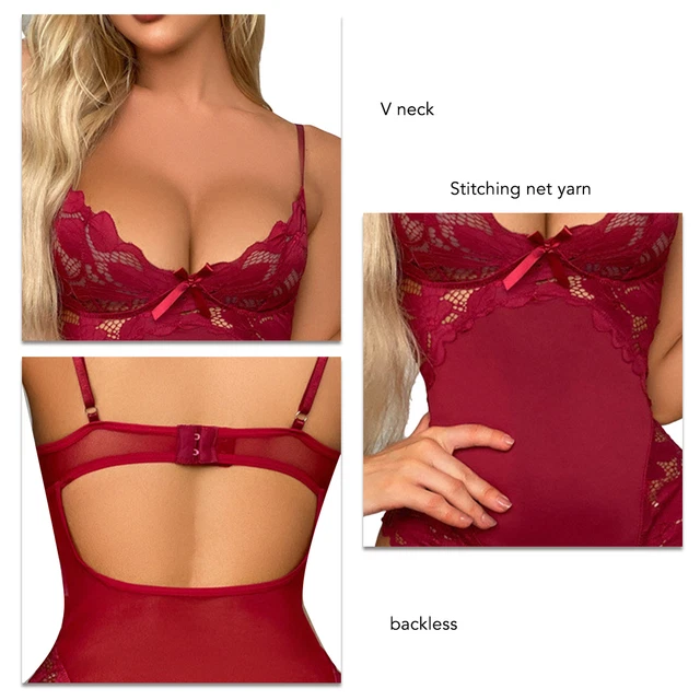 Affascinante body senza schienale in pizzo giuntato senza maniche donna mini pigiama in pizzo per