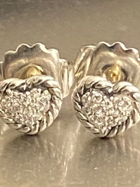 USED David Yurman Sterling Silver Petite Heart Pave Diamond Earrings