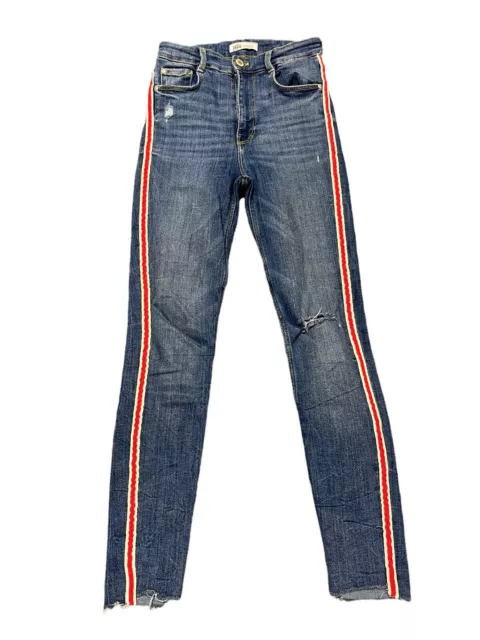 zara blue white red ripped skinny jeans womens size 26" waist (FP144)