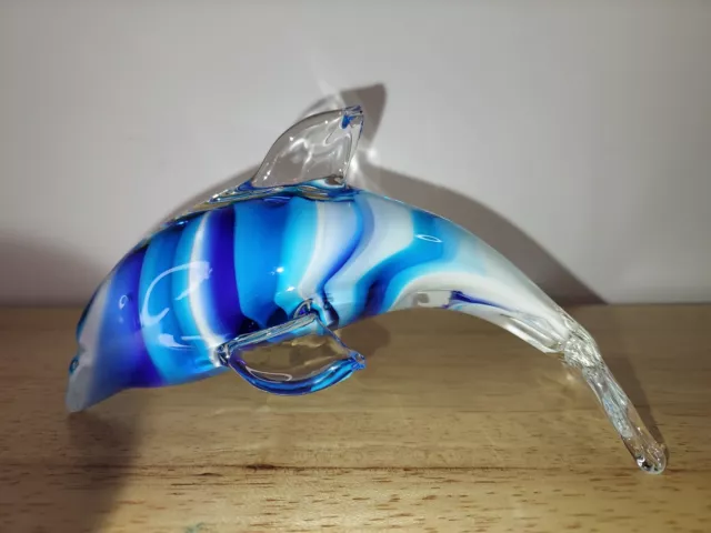 Art Glass Hand Blown Dolphin Figurine Paperweight Blue Aqua White Stripe- Arched