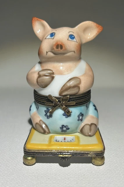RARE Limoges Pig On Scale Trinket Box - Peint Main 3”H