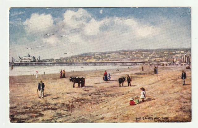 Tuck Oilette Postcard, Pier, Sands, Donkeys, Weston Super Mare