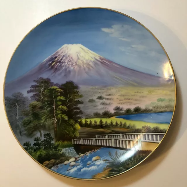 Vintage Lily China Japan Mt Fuji Scene Hand Painted Plate, 10" Diameter