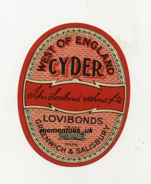 Label Lovibonds Greenwich Salisbury West England Cyder Rare ad c 1950 beer