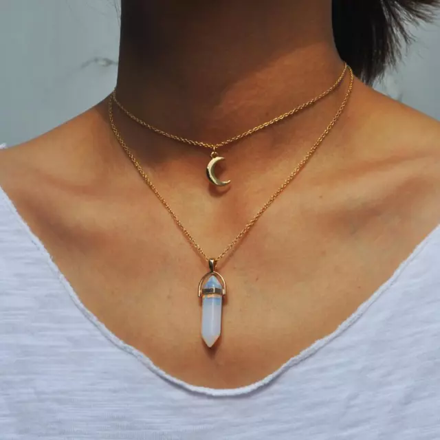 Collier cristal quartz pendentif lune guérison calme pierre précieuse stimulée bijoux 3