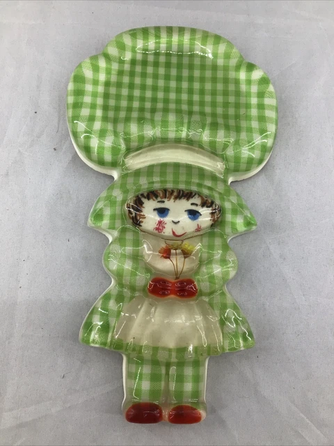 1969 Lucite Spoon Rest Girl Holly Hobbie Green Gingham Bonnet Wall Decor Acrylic