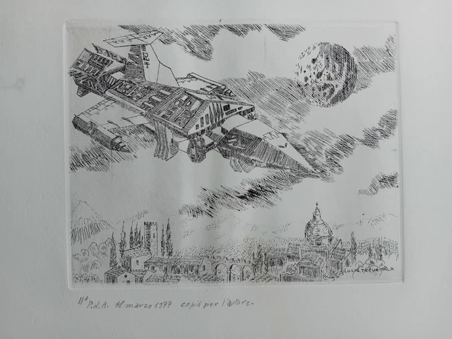 Aquaforte Lucio Trovamala spaceship 34.5x25.0 cm 1977 Aquaforte Lucio Trovamala spaceship 34.5x25.0 cm 1977