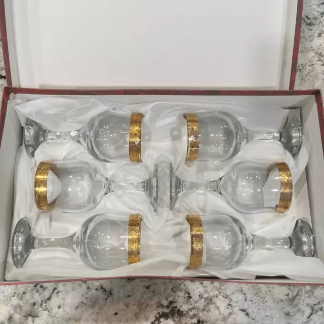 Cristalleria Fratelli Fumo Set Of 6 Italian Handmade Gold Tone Top Wine Glasses