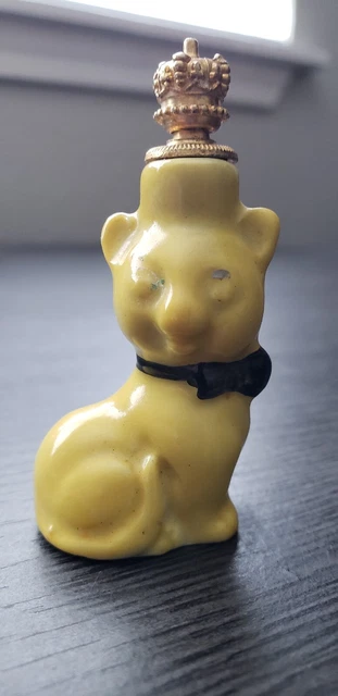Vtg Crown Top Perfume Bottle Yellow Cat- 2.5" German Vtg Crown Top Perfume Bottle Yellow Cat- 2.5" German