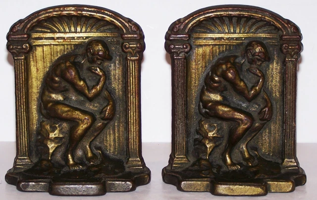 Pair Of Neoclassical Greek The Thinker Thinking Man Cast Iron/Metal Bookends