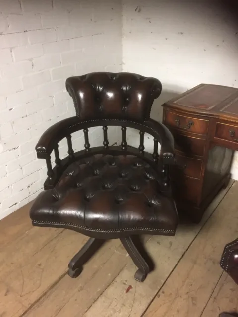 Chesterfield office Captains Chair In Antique Brown Leather & Mahogany