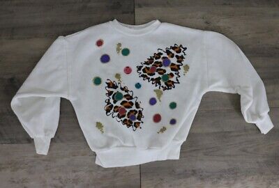 Little Girls Vintage Crew Neck Leopard Print Pullover Sweatshirt Size 7/8 White