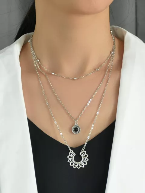 Tribal Ethnic Silver Multi-layer Chain Black Beads Geometric Pendant Necklace