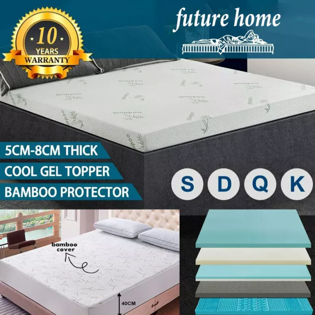 100% WATERPROOF Bamboo Cover Memory Foam Mattress Topper Underlay 8CM Pad Mat