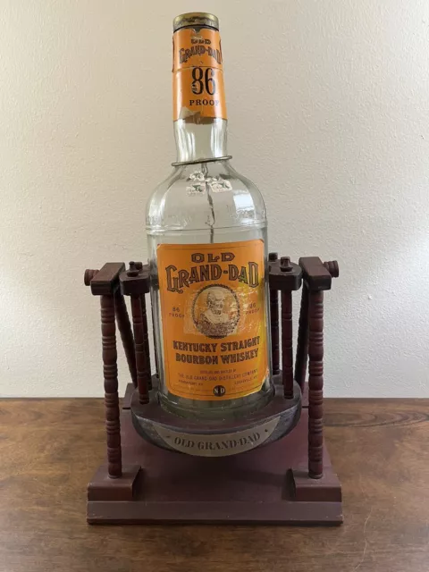 Vtg Old Grand-Dad Whiskey Bottle on Tip and Serve Swinging Stand - 1 gal