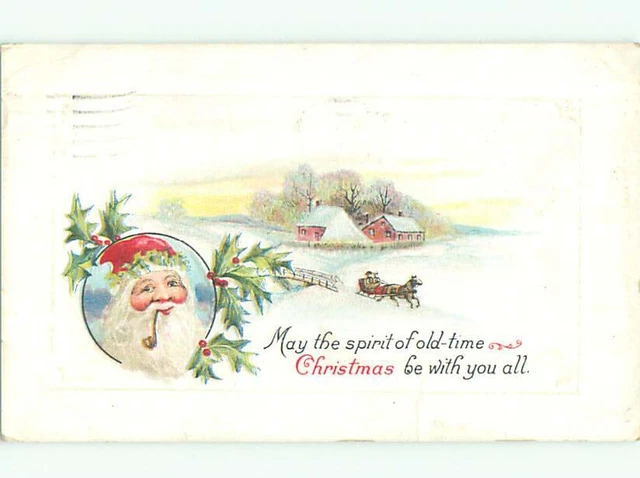 Pre-Linen christmas PIPE SMOKING SANTA IN HOLLY PLUS HORSE-DRAWN SLED J1697