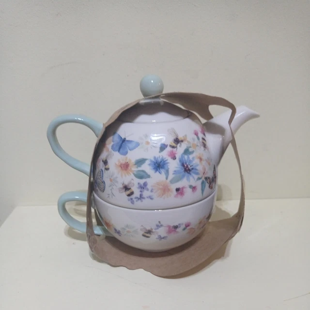 TESCO WWF TEA for One Teapot and cup stoneware floral bee butterfly £