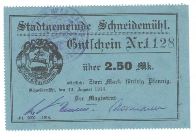 Schneidemühl ( Pila ) Posen - Magistrat - 2,50 Mark - Dießner 358.2 #20435