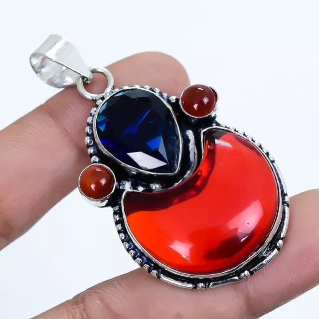 Grenade, Saphir, Rouge Onyx Pierre Précieuse Main Argent Bijoux Pendentif 2.2 "