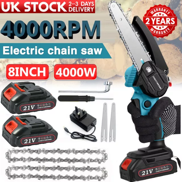 8'' 4000W Mini Cordless Chainsaw Electric One-Hand Saw Wood Cutter + 2 Batteries